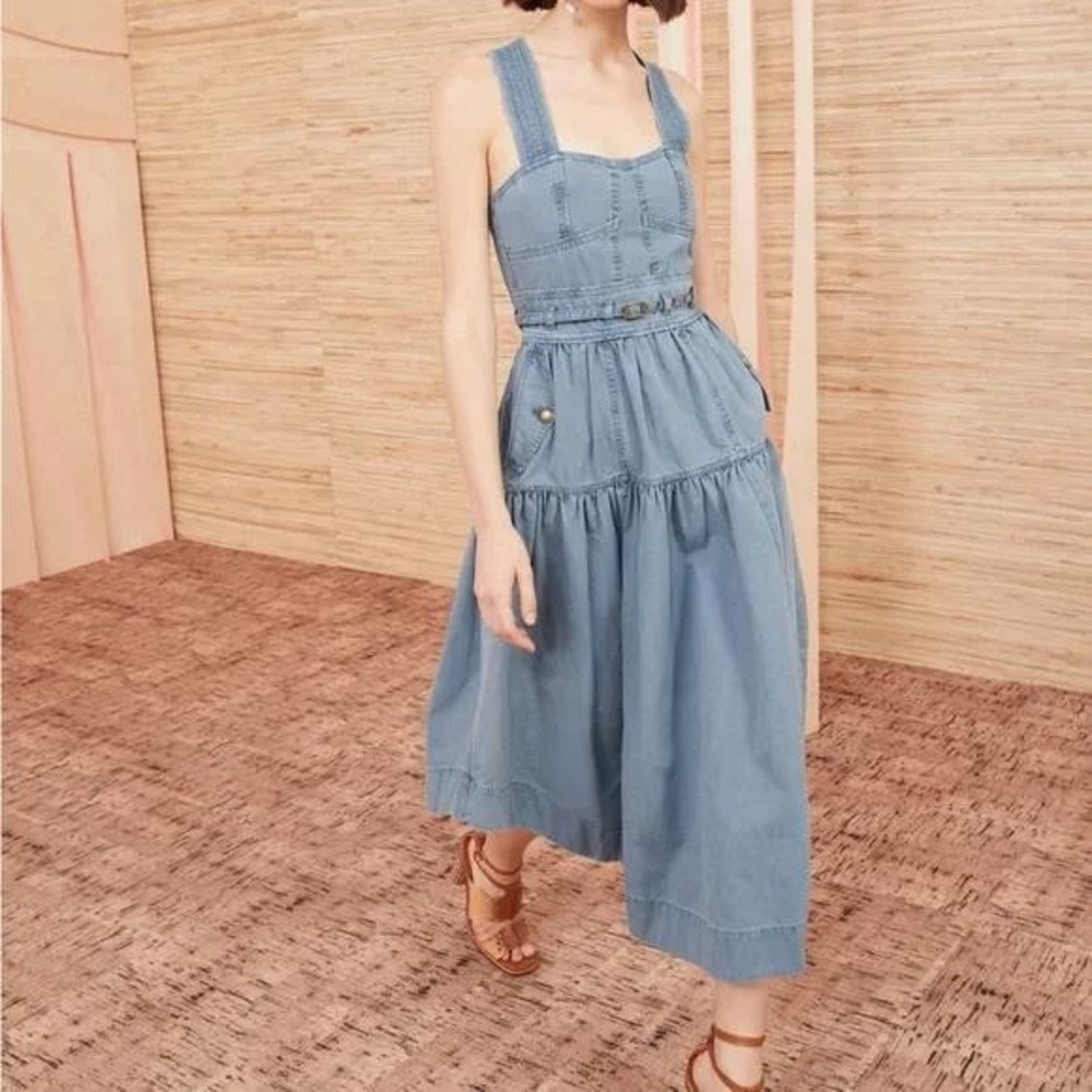 Ulla Johnson Enzo Denim Dress Blue Cotton Tiered Midi Sweetheart Neck Size 4 - Picture 15 of 15